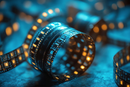 Old film reels lay strewn on a textured surface, illuminated by soft blue light. The rolls feature exposed film, highlighting the artistry of cinematic history.の素材