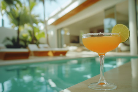 A bright orange cocktail sits elegantly by a crystal clear pool surrounded by tropical plants. Sunlight filters through the leaves, creating a tranquil atmosphere perfect for relaxation.の素材