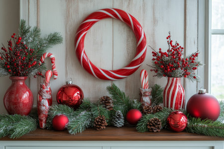 A collection of holiday decorations displayed on a wooden surface, showing casing red and white accents, festive foliage, and ornaments, creating a warm, inviting atmosphere for the season.の素材