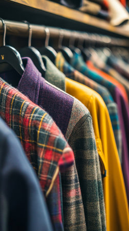 Various plaid shirts in warm colors are neatly displayed on hangers inside a boutique. The collection highlights textures and styles ideal for the autumn season, inviting customers to explore.の素材