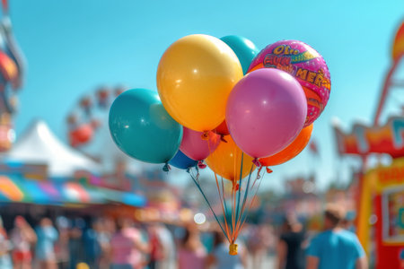 A collection of vibrant balloons in pastel colors stands prominently in the foreground.の素材