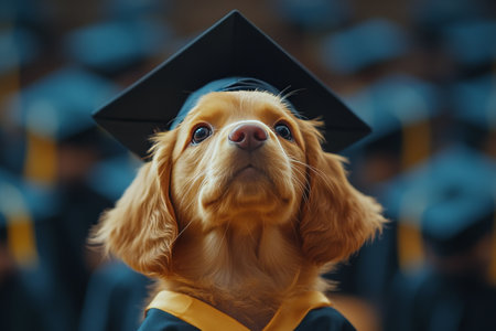 A golden retriever puppy proudly wears a graduation cap and robe, celebrating an academic achievement in a serene outdoor setting surrounded by soft, blurred trees.の素材