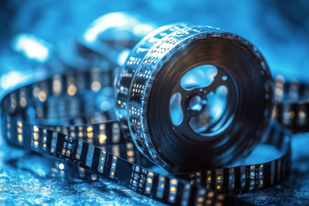 Old film reels lay strewn on a textured surface, illuminated by soft blue light. The rolls feature exposed film, highlighting the artistry of cinematic history.の素材