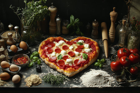 A heart shaped pizza crust is surrounded by fresh ingredients like cherry tomatoes, basil, and eggs.の素材