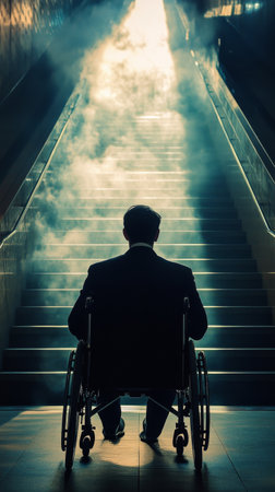 A man in a wheelchair sits at the bottom of a dark staircase. A bright beam of light shines down from above, creating an atmosphere of hope and reflection in the dimly lit corridor.の素材