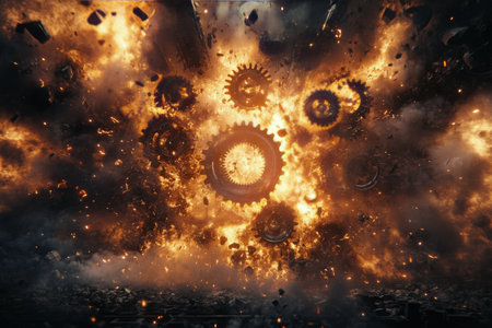 Amidst a swirling dark void, fiery explosions erupt with bright flames intermingling with large rotating gears. This chaotic collision creates an intense atmosphere, resembling a cosmic disaster.の素材