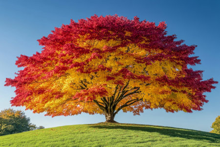 A large tree stands proudly, displaying an array of vivid red, orange, and yellow leaves under a bright blue sky. The ground is covered in vibrant foliage, indicating autumns arrival.の素材
