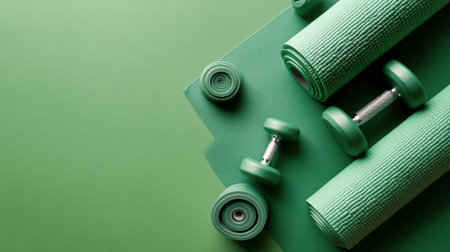 Soft green mats and small dumbbells are arranged for an exercise session, creating a calm and inviting atmosphere for yoga or fitness routines. The setup encourages movement and relaxation.の素材