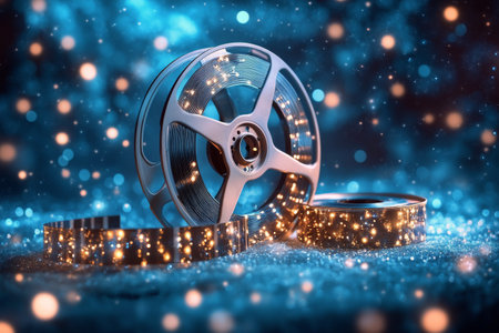 A vintage film reel sits center stage, illuminated by glowing lights that create a magical atmosphere. Soft blue mist surrounds the scene, enhancing the enchanting vibe of nostalgic cinema.の素材