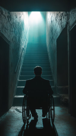 A man in a wheelchair sits at the bottom of a dark staircase. A bright beam of light shines down from above, creating an atmosphere of hope and reflection in the dimly lit corridor.の素材