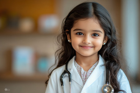 A young girl wearing a white coat and a stethoscope around her neck is smiling. The background is bright and features a cozy indoor setting, suggesting a playful yet professional atmosphere.の素材