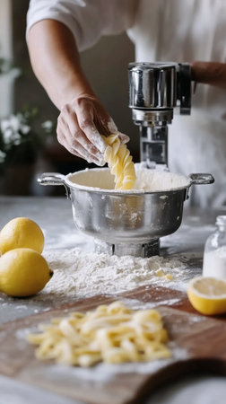 Hands knead pasta dough while using a mixer in a warm kitchen. Lemons and flour are scattered on the countertop, creating a delightful culinary atmosphere.の素材