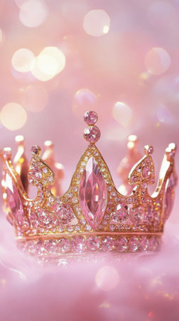 A beautifully crafted crown made of gold and pink jewels lies atop a delicate pink fabric. The intricately designed crown glimmers softly, showing its elegance and charm.の素材