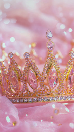 A beautifully crafted crown made of gold and pink jewels lies atop a delicate pink fabric. The intricately designed crown glimmers softly, showing its elegance and charm.の素材