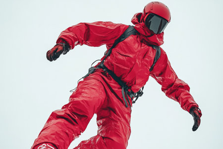 A snowboarder in a vibrant red suit skillfully carves down a snowy slope, surrounded by a white landscape and overcast sky. The rider enjoys the thrill of winter sports.の素材