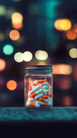 A glass jar containing bright orange and white capsules sits on a surface, illuminated by colorful city lights in the background, showing a tranquil night atmosphere.の素材