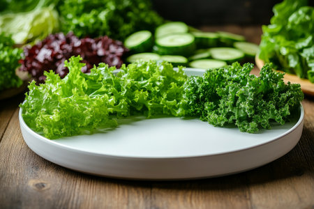 A decorative plate sits in the center surrounded by lush greens including lettuce and cucumber slices. The arrangement creates a fresh and appetizing display ideal for salads.の素材
