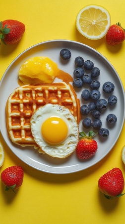 A plate of golden waffles is adorned with a sunny side up egg in the center, surrounded by fresh blueberries, strawberries, and lemon slices.の素材