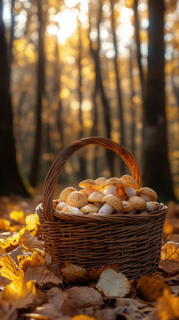 A woven basket filled with various mushrooms sits on a bed of colorful autumn leaves in a tranquil forest. Sunlight streams through the trees, creating a warm atmosphere.の素材