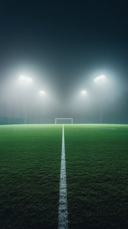 A well maintained soccer field is bathed in light from tall floodlights, casting a vibrant glow on the grass. The foggy atmosphere creates a serene, yet energetic ambiance for nighttime play.の素材
