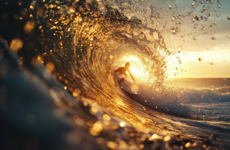Golden sunlight reflects off crashing waves, creating a vibrant display at sunset. The tranquil ocean environment captures the beauty of natures evening transition.の素材