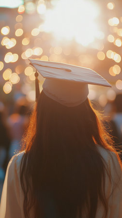 A graduate wearing a cap stands with her back to the camera, surrounded by glowing lights at an outdoor evening celebration. The atmosphere is joyful and festive, marking a significant achievement.の素材