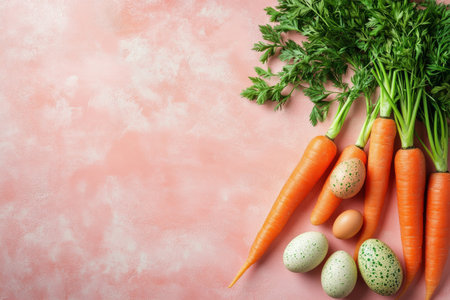 Bright orange carrots and decorative eggs are arranged on a pink background, creating a festive and seasonal atmosphere. This arrangement is perfect for spring celebrations and Easter festivities.の素材
