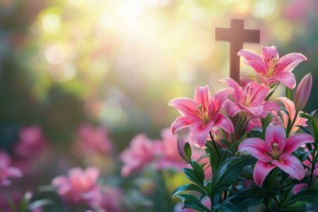 A cluster of pink lilies flourishes next to a pale cross, creating a peaceful atmosphere in a garden. The soft light enhances the flowers beauty in this tranquil environment.の素材