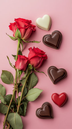 Fresh red roses are arranged elegantly alongside heart shaped chocolates in various colors. The soft pink background enhances the romantic and sweet ambiance perfect for a special occasion.の素材