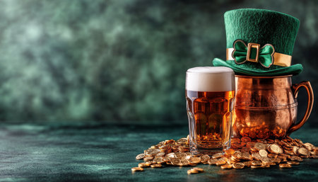 In a cozy setting, a glass mug filled with amber beer sits next to a shiny gold pot filled with chocolate coins. A green leprechaun hat adorned with a shamrock rests on the mug, evoking festive cheer.の素材