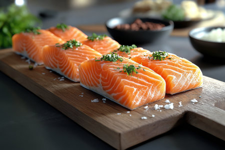 Slices of fresh salmon arranged neatly on a wooden board, garnished with herbs and spices. Natural lighting enhances the vibrant colors of the fish, creating a warm atmosphere perfect for cooking.の素材