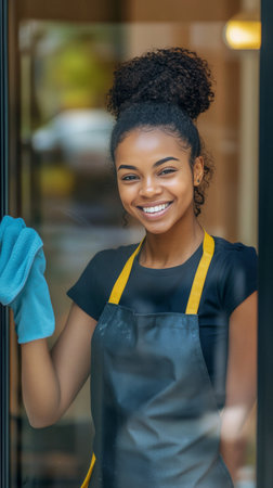 A woman in a gray shirt and yellow apron is happily cleaning a window with a cloth. Natural light fills the room, creating a cheerful atmosphere as she focuses on the task.の素材