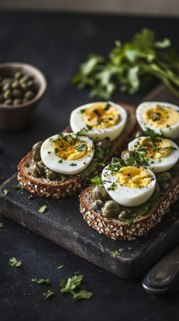 A wooden platter displays deviled eggs on slices of whole grain bread, garnished with capers and fresh herbs. This appetizing arrangement is perfect for gatherings or as a snack.の素材