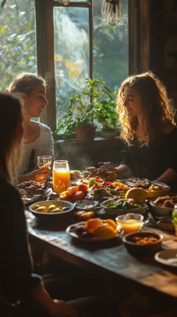 Four friends share a delightful breakfast in a warm kitchen filled with greenery. Plates overflow with fresh fruits and homemade dishes, creating a cheerful atmosphere of joy and connection.の素材
