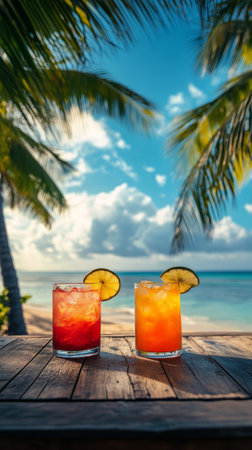 Three colorful tropical cocktails sit on a wooden table near a sandy beach, surrounded by palm trees. The sky is bright blue with fluffy clouds, creating a perfect sunny atmosphere.の素材