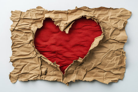 A heart shape constructed from crumpled brown paper reveals a vibrant red fabric interior. This artistic creation juxtaposes textures of paper and cloth, emphasizing love and creativity.の素材