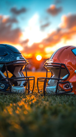Two football helmets, one orange and one blue, are placed on green grass as the sun sets in the background. The colors symbolize rivalry and team enthusiasm in sports.の素材