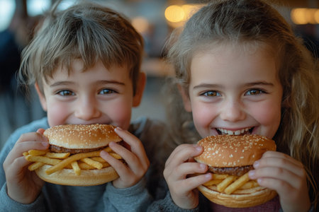 Two joyful children hold up large burgers filled with fries while sitting at a table in a casual dining restaurant. Natural light enhances their happy expressions during lunchtime.の素材
