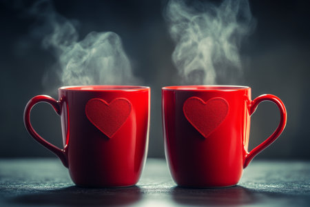 Two red mugs with heart designs sit together on a deep red surface, steam rising from them, evoking a warm, romantic feeling perfect for a cozy moment.の素材