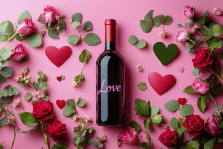 A beautifully arranged wine bottle labeled with the word love is placed on a soft pink background surrounded by vibrant red roses and heart shaped decorations, perfect for expressing affection.の素材