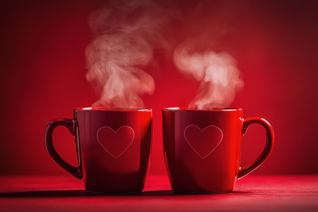 Two red mugs with heart designs sit together on a deep red surface, steam rising from them, evoking a warm, romantic feeling perfect for a cozy moment.の素材