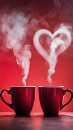 Two red mugs filled with steaming beverages rest on a table. Warm steam rises from each cup, forming a heart shape against a bright red background, evoking a cozy and romantic atmosphere.の素材