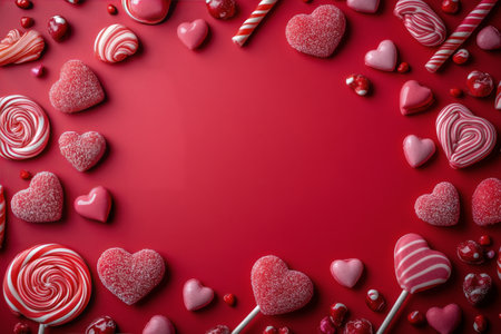 A vibrant assortment of heart shaped candies and lollipops is arranged beautifully on a bright red surface. The colorful treats create a playful atmosphere, perfect for celebrations.の素材