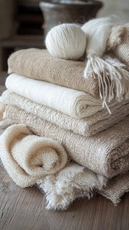 Various rolls of natural fiber yarns and woven fabrics are neatly arranged on a rustic wooden surface. The colors range from creamy white to light beige, showing texture and craftsmanship.の素材