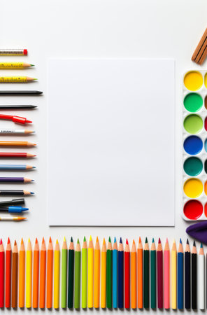 An array of vibrant art supplies is neatly displayed on a smooth surface, including crayons, pens, and paints. Blank paper awaits creative expression, encouraging artistic exploration.の素材