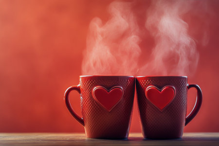 Two red mugs with heart designs sit together on a deep red surface, steam rising from them, evoking a warm, romantic feeling perfect for a cozy moment.の素材