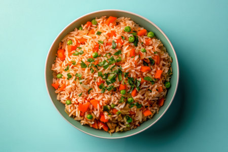 Fragrant rice mixed with colorful vegetables and fresh herbs sits in a bowl, presenting a vibrant and appetizing dish. Perfect for quick meals or adding variety to your diet.の素材