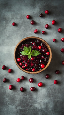A bowl filled with bright red cranberries is placed on a textured gray surface.の素材