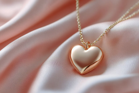 A heart shaped pendant made of pink material hangs delicately on a shiny pink fabric. Soft light highlights the smooth texture and elegant design, creating a romantic atmosphere.の素材