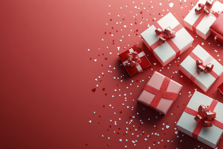 White gift boxes wrapped in red ribbons are surrounded by red small and white hearts on a bold red background. The scene creates a cheerful, romantic atmosphere ideal for celebrations.の素材